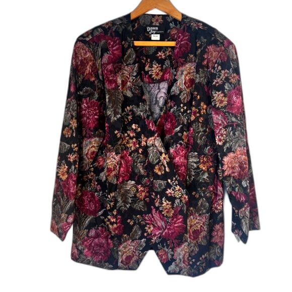 Dawn Joy Vintage Black Floral Print Y2K Gold Flower Button Blazer Jacket Sz 20 - Picture 1 of 9